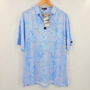 SurfCuz Mens Golf Shirt XL Blue Tropical Floral Vacation Lightweight Palm Polo